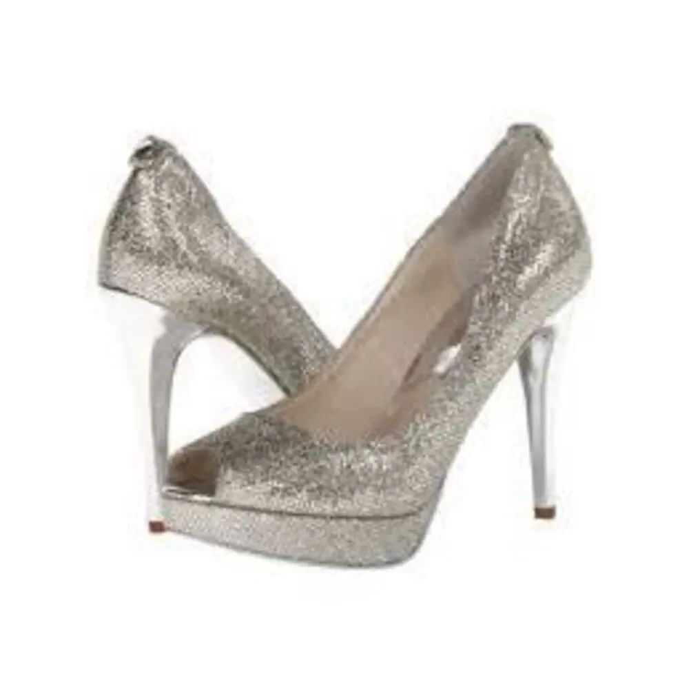 Michael Kors Size 8.5 York Platform Peep Toe Heels Silver Glitter Metallic Glam